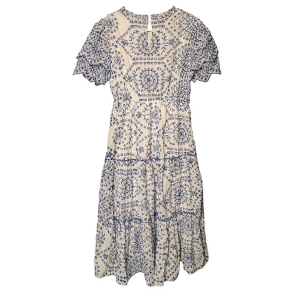 NWT Baltic Born Women's Mirabel Eyelet Midi Cotton Dress Boho Cottage Blue White - Picture 2 of 8